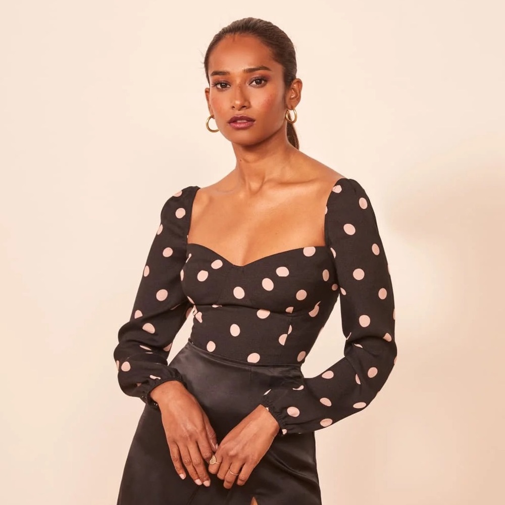 Reformation Reign Top - long sleeve black polka dot